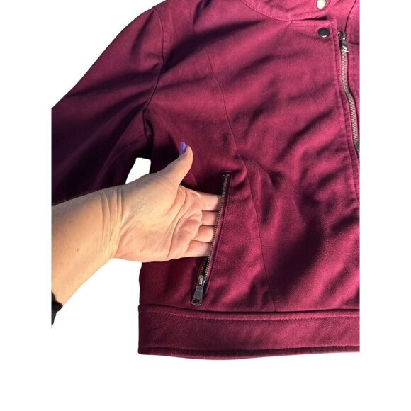 Banana Republic Fact. Womans Sz L Banded Collar Vegan Suede Moto Jacket Burgundy - Picture 9 of 11